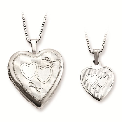 Sterling Silver Polished & Textured Finish Double Hearts Design Heart Locket Pendant Necklace Set