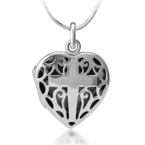 925 Sterling Silver Open Filigree Christian Cross Heart Shaped Locket Pendant Necklace, 18 inches