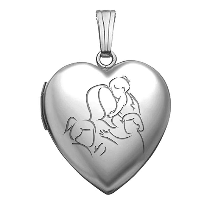 PicturesOnGold.com Sterling Silver Mom with Three Daughters Heart Locket - 3/4 Inch X 3/4 Inch with Engraving