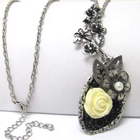 Vintage Style Yellow Rose with Faux Pearl Pendant 30