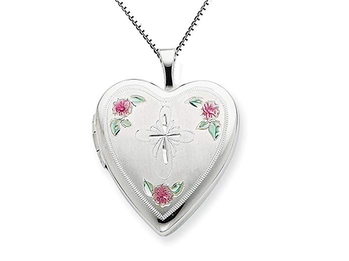 Finejewelers Sterling Silver 20mm Enameled with Cross Design Heart Locket Necklace Chain Included