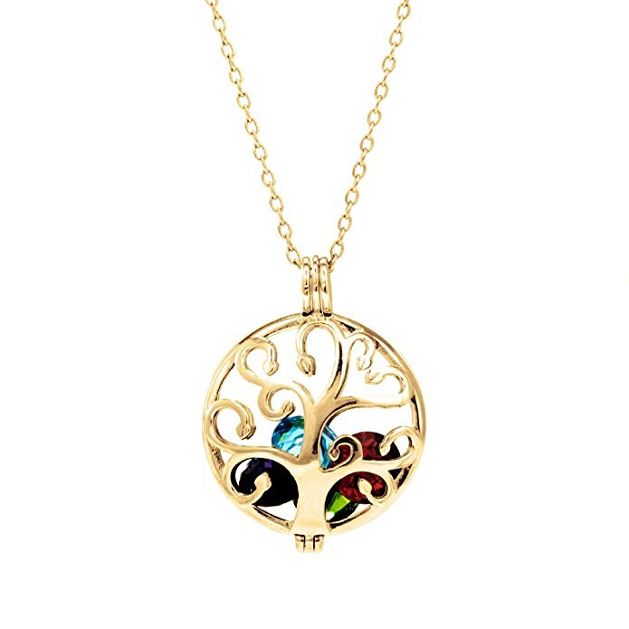 Gold Plated Personalized 6mm Round Simulated Birthstone Family Tree Caged Locket (16