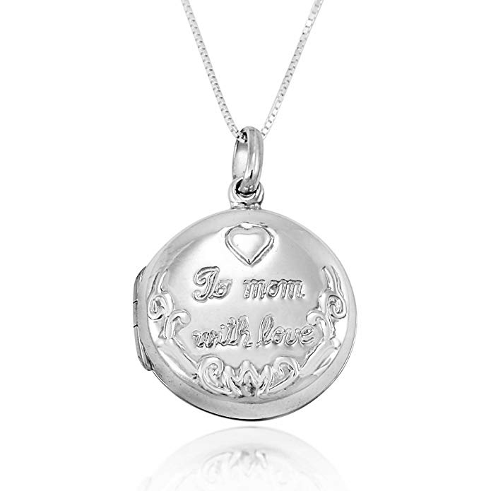 925 Sterling Silver To Mom With Love Engraved Locket Pendant Necklace, 18 inches