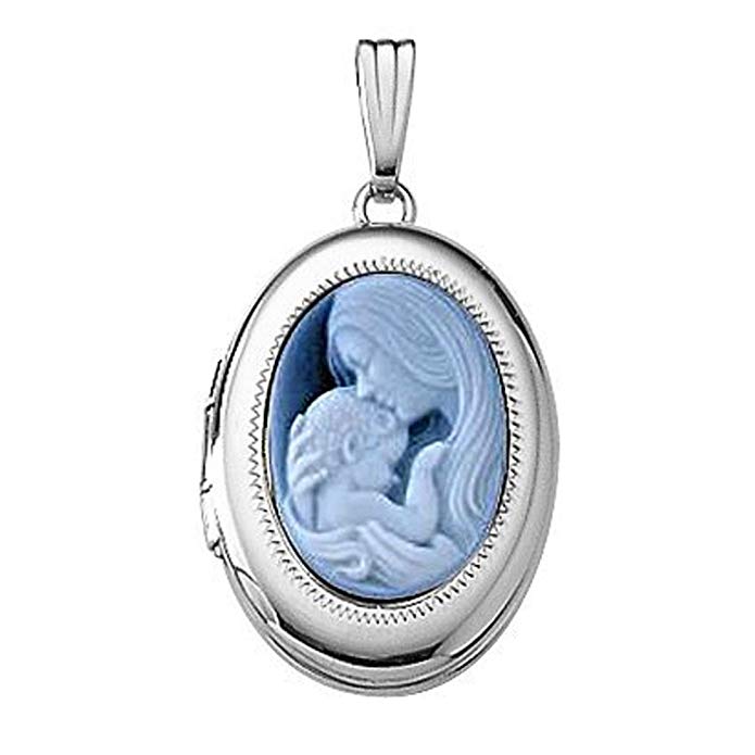 PicturesOnGold.com 14k White Gold Oval Mother and Child Cameo Locket 5/8 Inch X 3/4 Inch Solid 14K White Gold