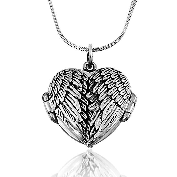 925 Oxidized Sterling Silver Celtic Angel Wings Heart Locket Pendant on Alloy Necklace Chain