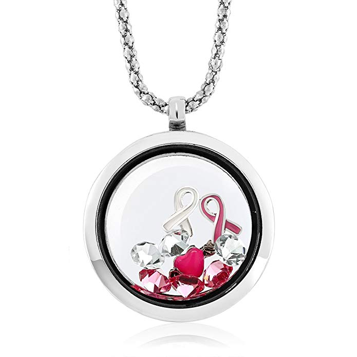 Gem Stone King Breast Cancer Awareness Floating Ribbon Multi-Colored Crystals Locket Pendant Necklace with 24 Inch Chain