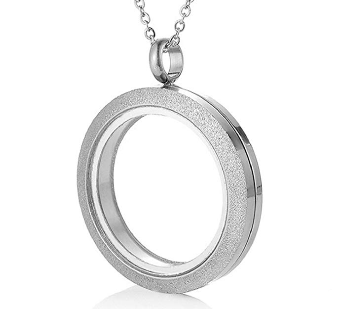 Blowin 30MM Silver Matte Stainless Steel Round Living Floating Charm Memory Locket Pendant Necklace with 22 Inches Chain