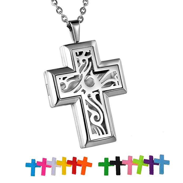 HooAMI Cross Stainless Steel Aromatherapy Essential Oil Diffuser Necklace Locket Pendant