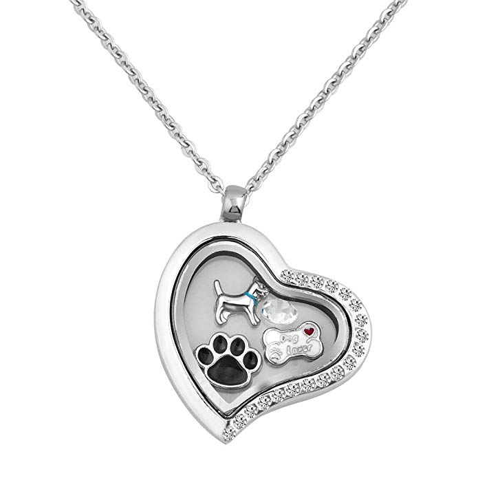 Q&Locket Heart Shaped Dogs Lovers Pawprint Floating Charms Living Memory Locket Necklace