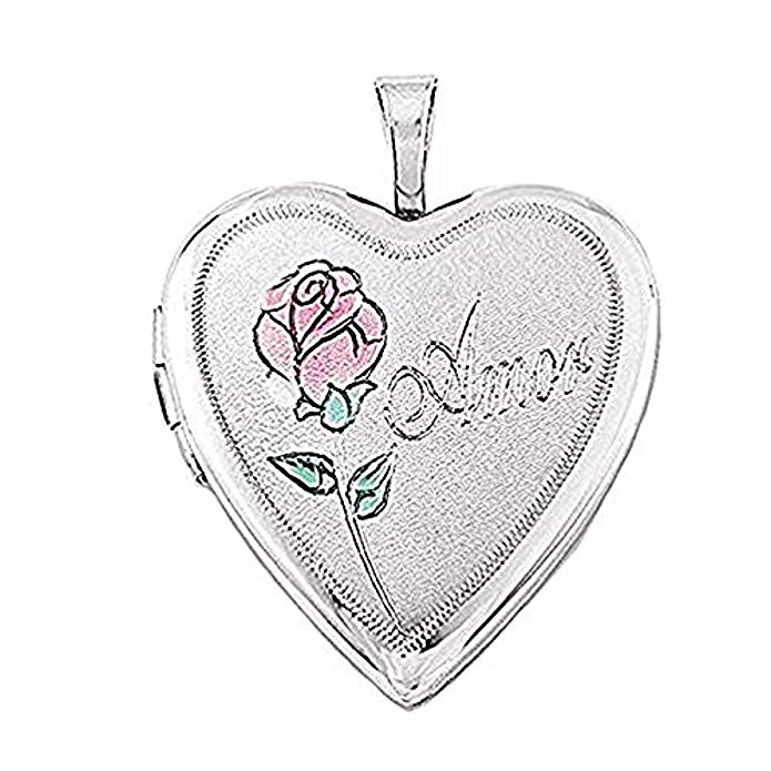 PicturesOnGold.com Sterling Silver Heart Amor Locket W/Enameled Rose - 3/4 Inch X 3/4 Inch with Engraving