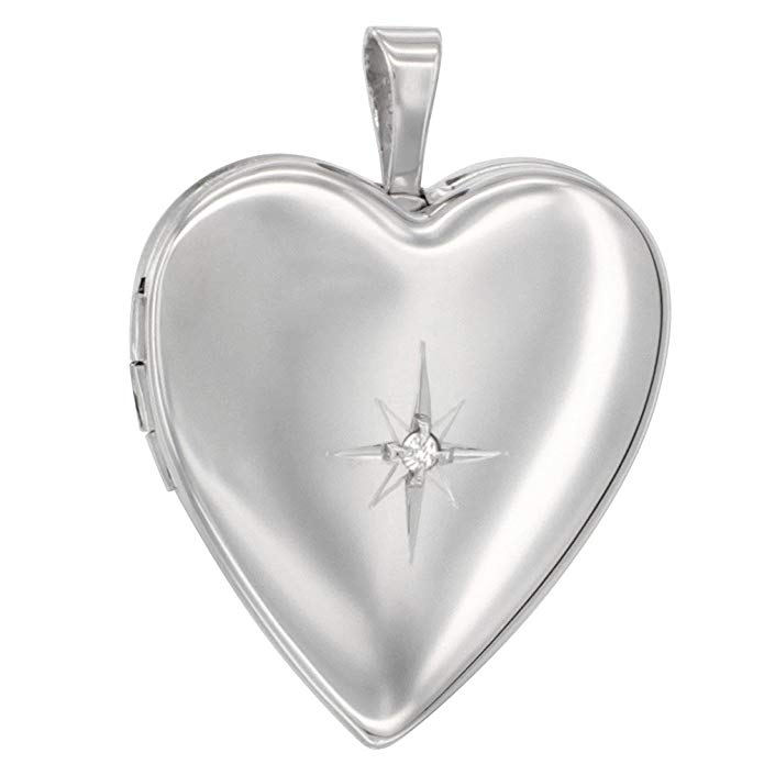 Sterling Silver Diamond Heart Locket Necklace 3/4 inch