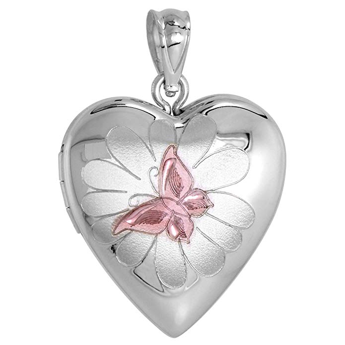 Sterling Silver Heart Locket Necklace Butterfly on Flower Motif 3/4 inch