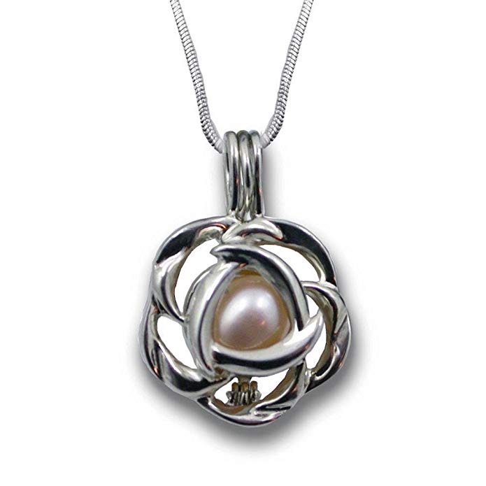 Pearlina Cultured Love Pearl Oyster Necklace Set Silver tone Rose Cage w/ Stainless Steel Chain 18