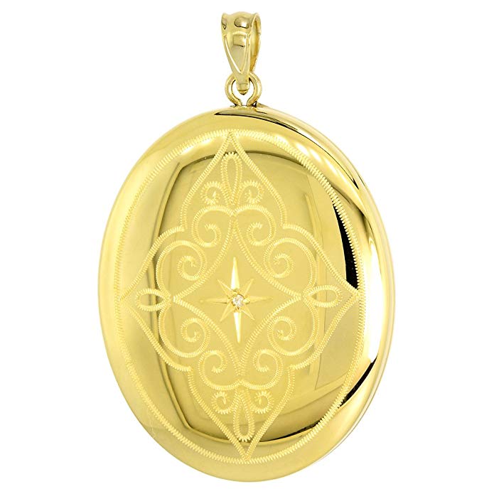 Large Sterling Silver Diamond Oval Locket Necklace Etched Scrollwork Gold Plated 1 3/8 inch