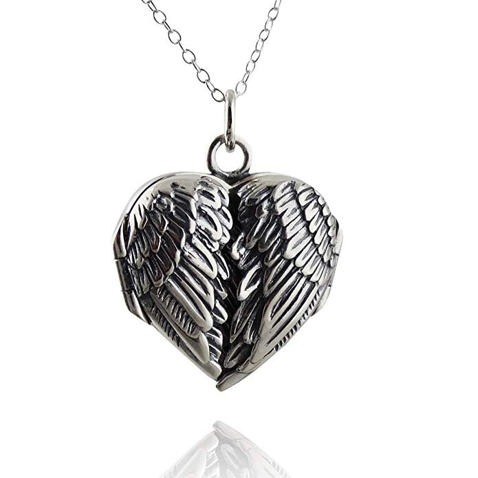 Sterling Silver Angel Wings Heart Locket Necklace, 18