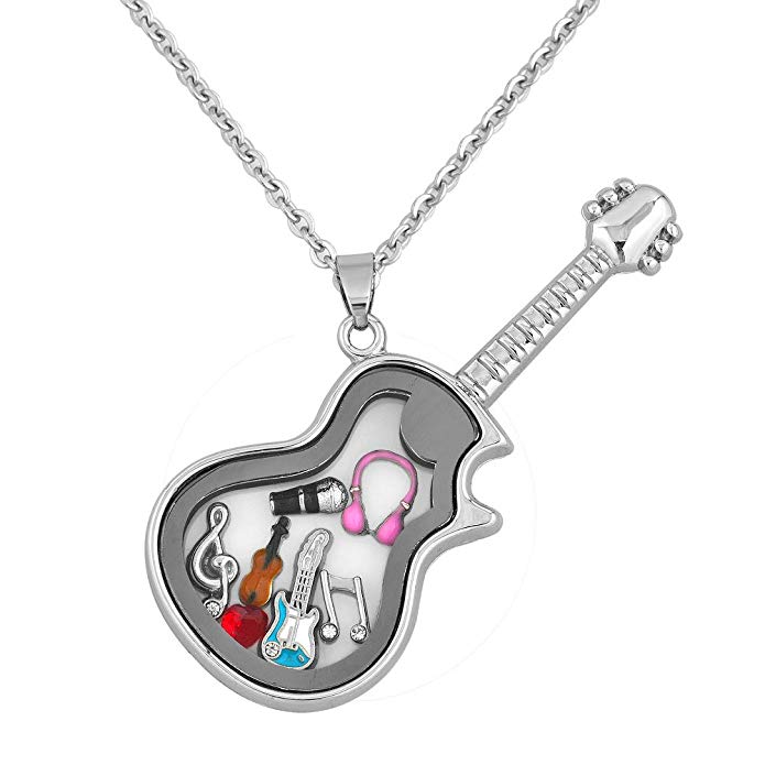 Q&Locket Love Music Rock &Roll Floating Charms In Living Memory Glass Guitar Locket Pendant Necklace