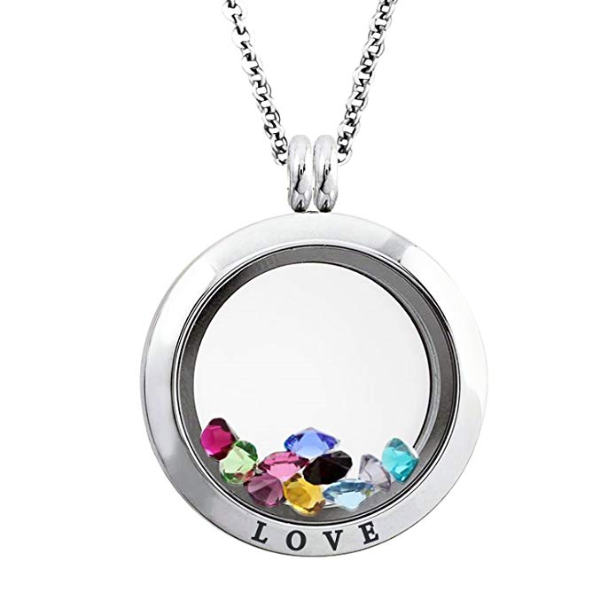 20-25 MM Stainless Steel Love Engraved Floating Glass Charm Locket Pendant Necklace