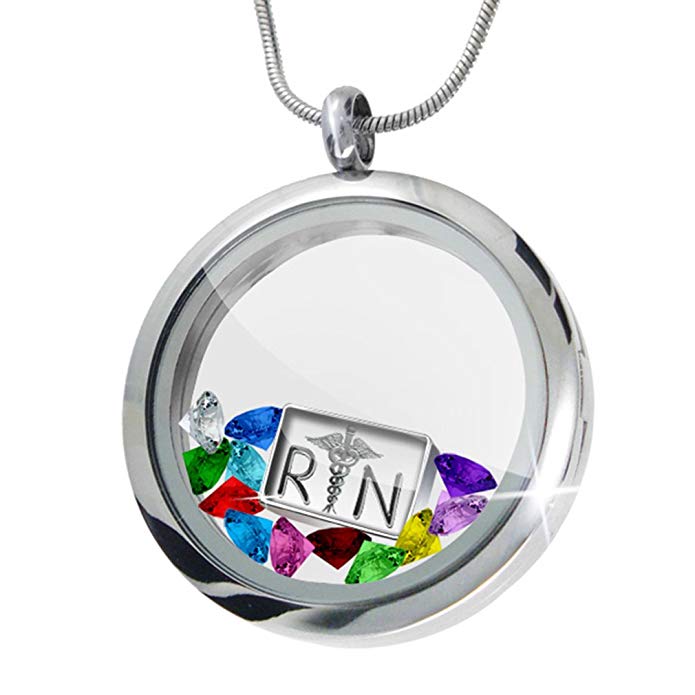 NEONBLOND Floating Locket Set Registered Nurse Symbol + 12 Crystals + Charm