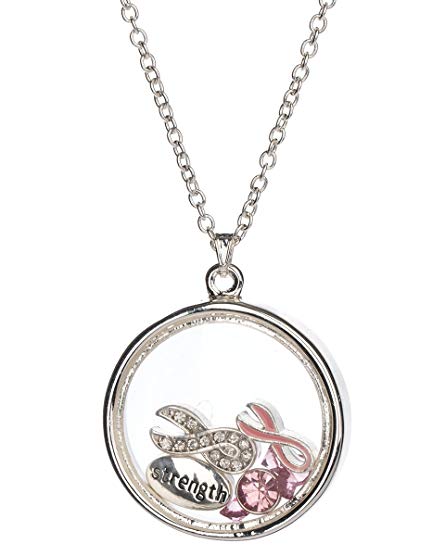 Jewelry Nexus Pink Ribbon & Strength Floating Charm Locket Necklace