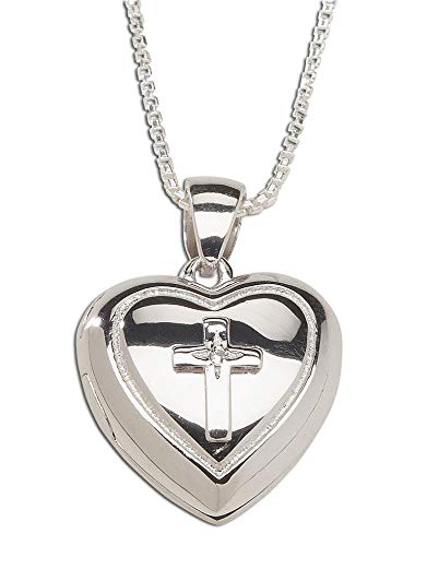 Sterling Silver First Communion Cross Heart Locket Necklace with White Sapphire Accent