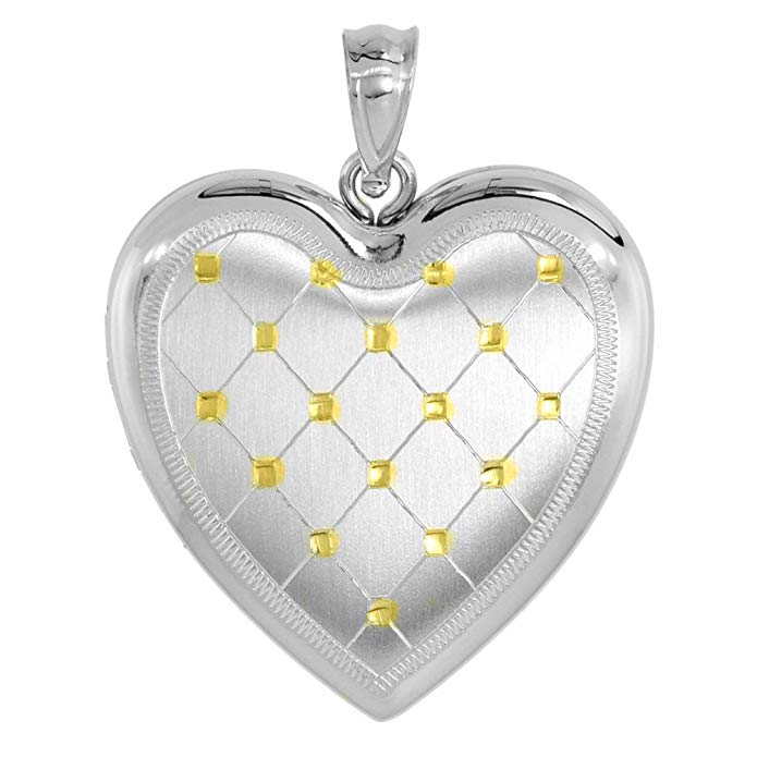 Sterling Silver Heart Locket Necklace 4 Picture Gold Quilt 1 inch