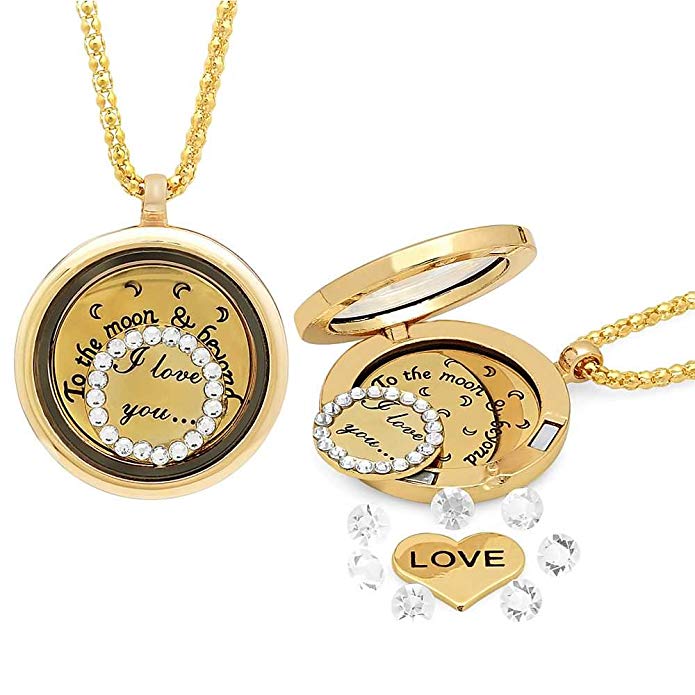 I Love You to The Moon & Back Locket Yellow Gold Tone Necklace