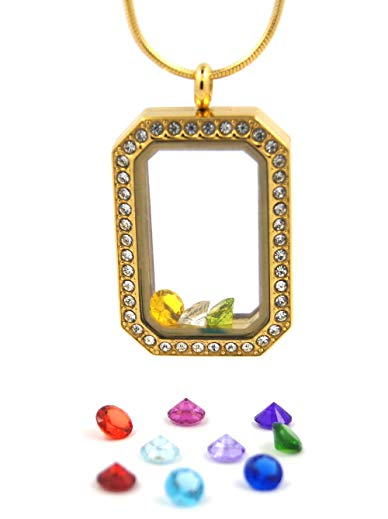 Heritage Rectangle Locket Necklace with Birthstone Floating Charms + 23.5