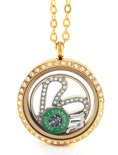 BG247 Stainless Steel Floating Locket Necklace with Choice of 6 Charms, 1 Plate, and Matching Chain (Gold Rhinestone Circle)