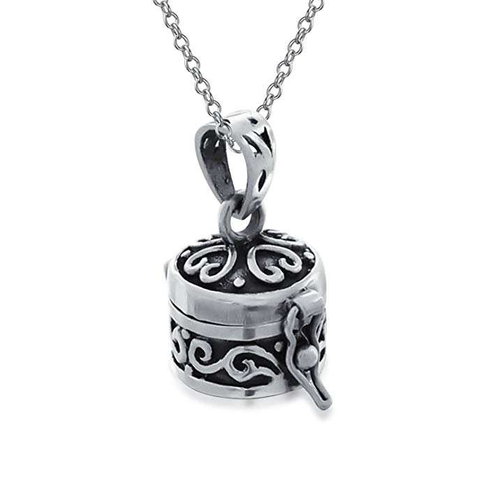 Round Antiqued Poison Prayer Box Locket Pendant Sterling Silver Necklace 18 Inches