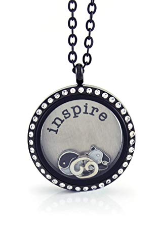 BG247 Stainless Steel Floating Locket Necklace with Choice of 6 Charms, 1 Plate, and Matching Chain (Gunmetal Rhinestone Circle) by