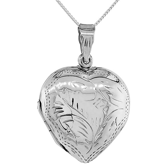 Large Sterling Silver Heart Locket Pendant / Charm Engraved Handmade, 1 1/8 inch