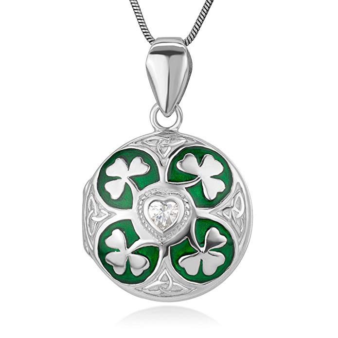 Sterling Silver Green Lucky Shamrock Leaves CZ Heart Trinity Celtic Knot Locket Necklace 18