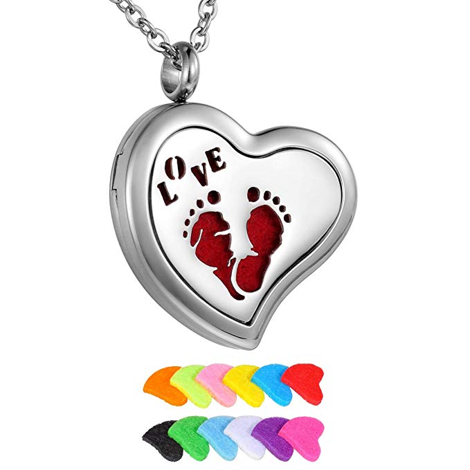 HooAMI Aromatherapy Essential Oil Diffuser Necklace - Stainless Steel LOVE Footprints Heart Locket Pendant