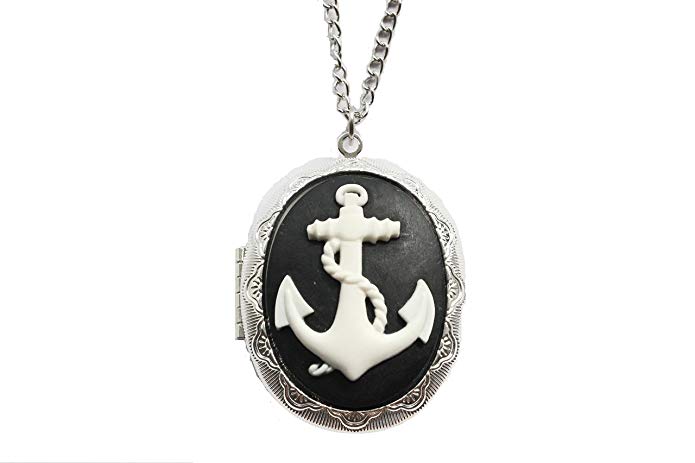 Anchor Locket Necklace- Black & White Nautical Cameo Cabochon in Antique Silver