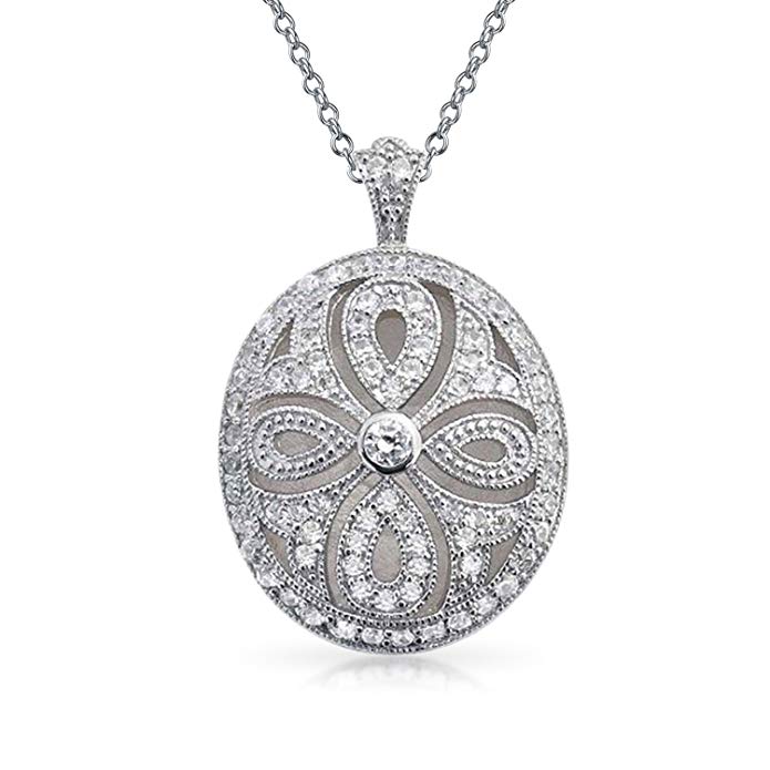 Bling Jewelry Vintage Cutout CZ Locket Rhodium Plated Necklace 18 Inches