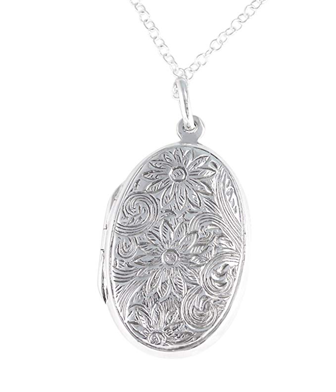 Sterling Silver Floral Pattern Large Oval Locket Necklace