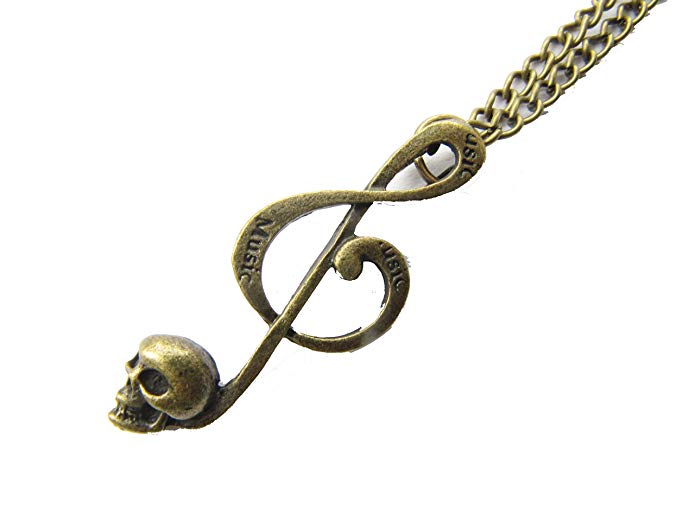 Treble Clef Music Note Necklace, Skull, Ancient Bronze Skull Music Note, Skull Music Note