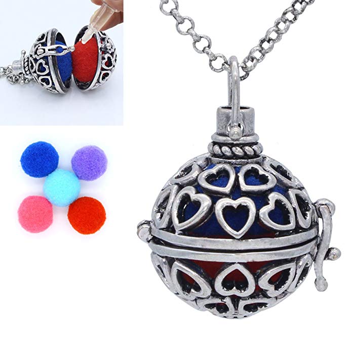 Antique Silver Heart Hollow Locket Essential Oil Diffuser Pendant Necklace + 5 poms Aromatherapy Jewelry