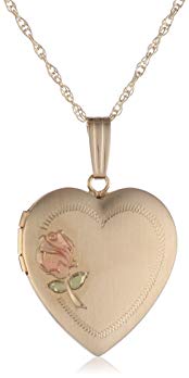 14k Yellow Gold Engraved Rose Heart Locket Necklace with Tri-Color, 18