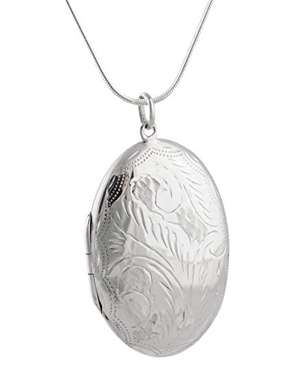 Sterling Silver Oval Floral Photo Locket Necklace, 18