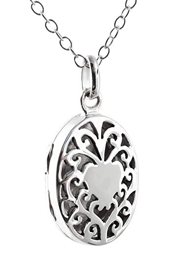 Sterling Silver Oval Filigree Heart Locket Necklace, 18 Inch