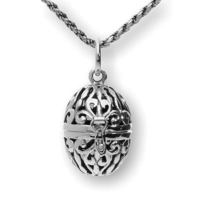 Pearlina Sterling Silver Filigree Necklace Aromatherapy Egg Locket Prayer Holder Pill Box, 20