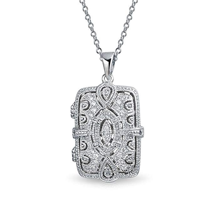 Vintage Style Filigree Rectangular Locket Pendant Sterling Silver Necklace 18 Inches