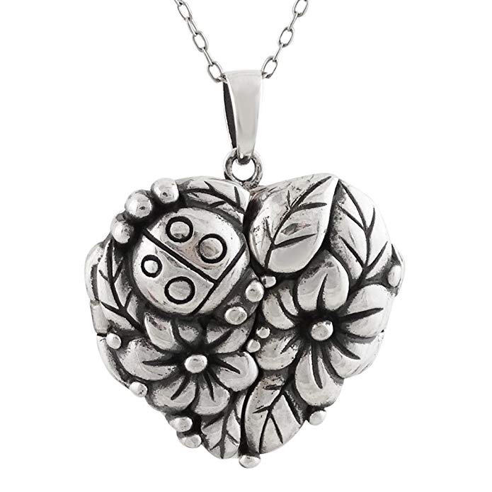 FashionJunkie4Life Sterling Silver Ladybug Flower Heart Keepsake Locket Necklace, 18