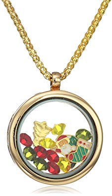 18k Gold Alloy Round Pendant with Multi-Color Simulated Gemstones Charms Locket Necklace