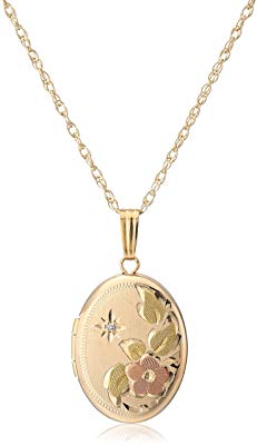 14k Yellow Gold-Filled Flower Oval Locket with Diamond-Accent, 18