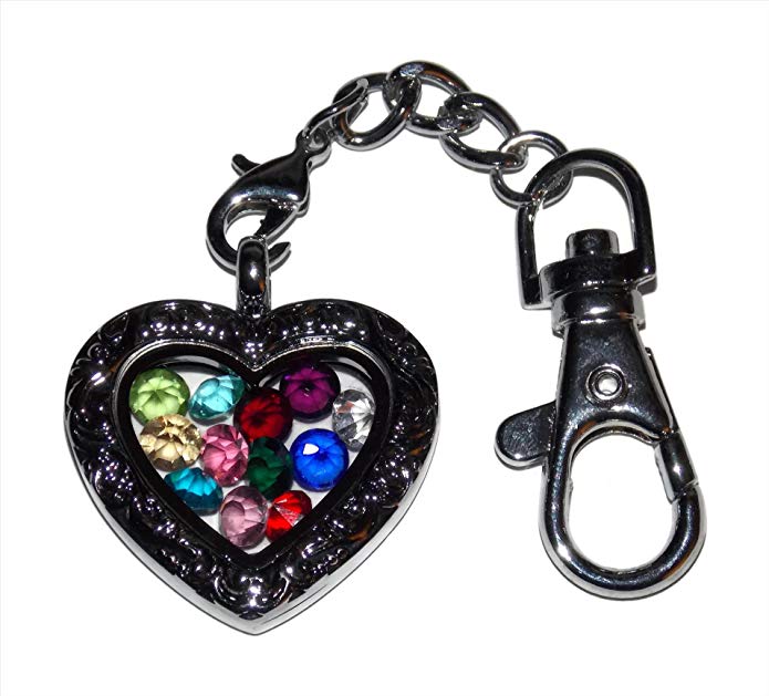 Floating Locket Ornate Heart Keychain Birthstone Kit Set of 12 Birthstones Love Theme Family Key Chain