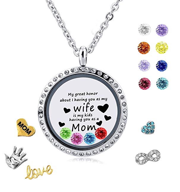 Long Way 30mm Round Magnetic Closure Floating Living Memory Lockets Pendant Necklace with Birthstone