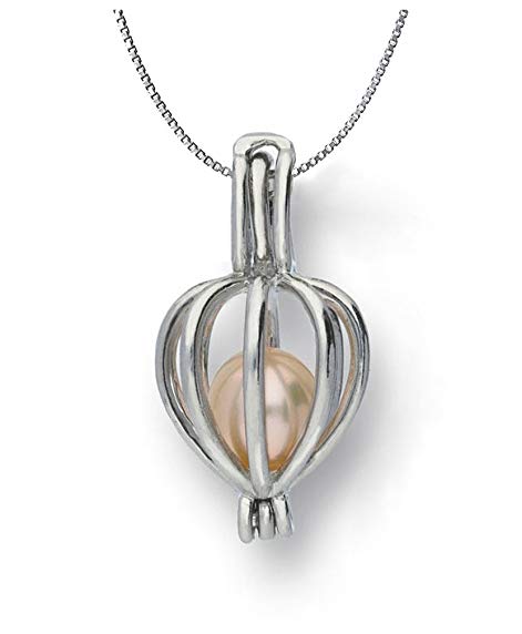 Pearlina 925 Sterling Silver Heart Necklace Cage Locket Pearl in Oyster Set, 18