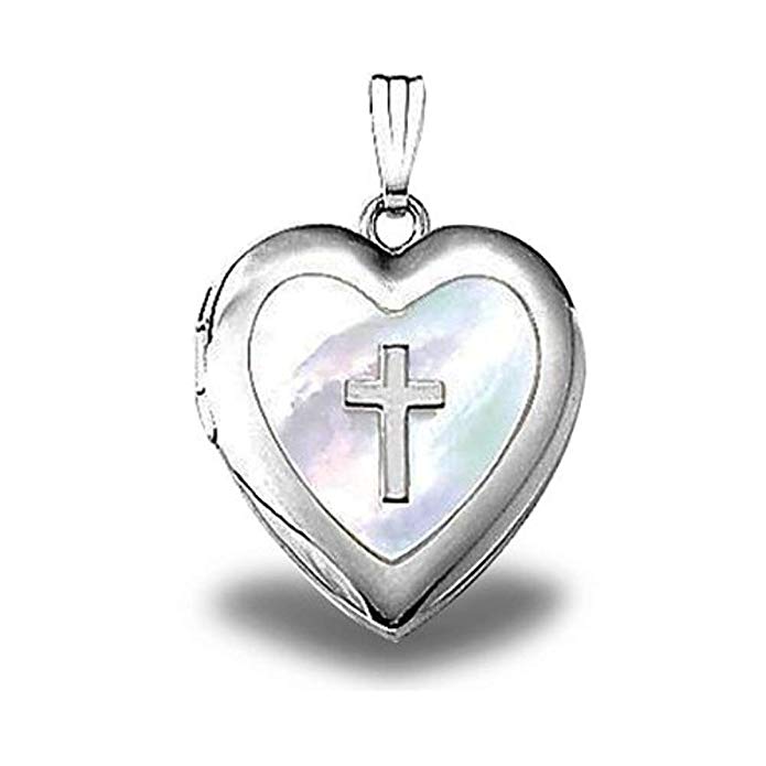 Sterling Silver Heart Mother of Pearl Cross Locket - 3/4 in X 3/4 Inch in Sterling Silver